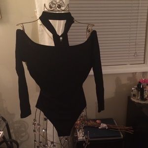 Black off shoulder body suit with neck piece